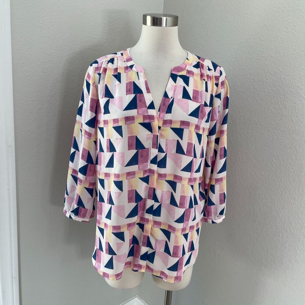 NEW NYDJ Womens‎ Medium Pintuck Blouse Marquette Print 3/4 Sleeve Shirt Top